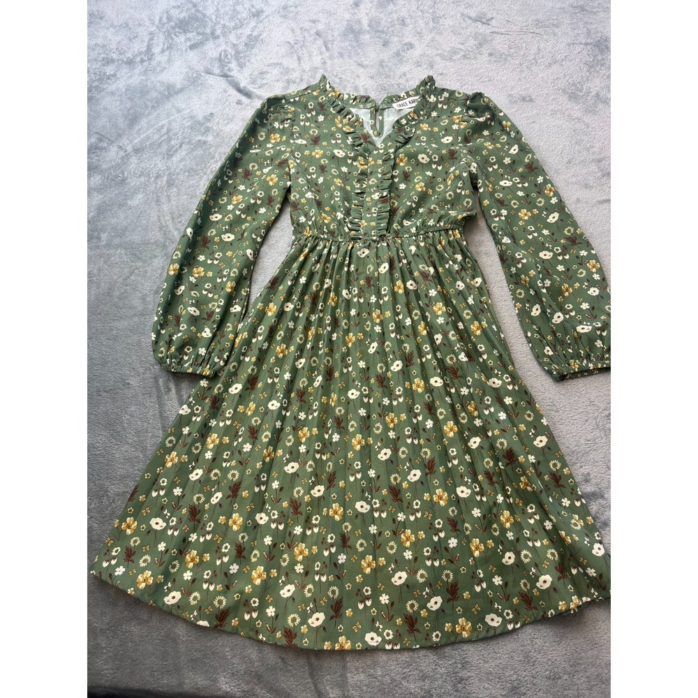 Grace Karin Girls Green Floral Cottagecore Ruffle Long Sleeve Dress Size 8Y